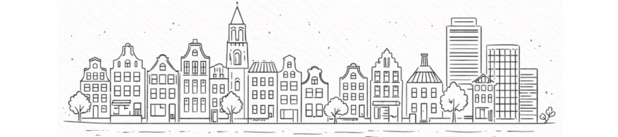 Illustration of a Dutch city skyline with townhouses, modern buildings, trees, and a canal
