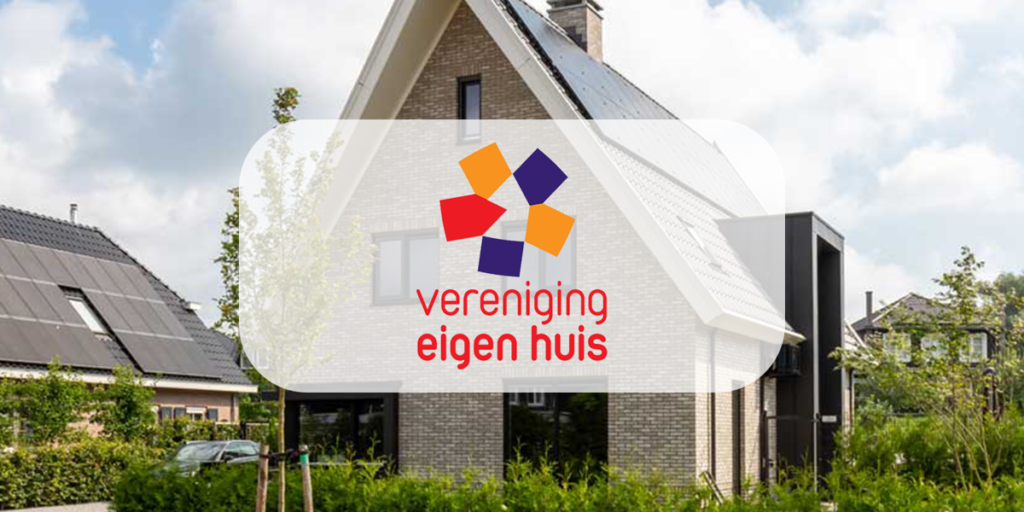 Close-up of the red Vereniging Eigen Huis text and colorful pinwheel house logo on the glass exterior of their headquarters building
